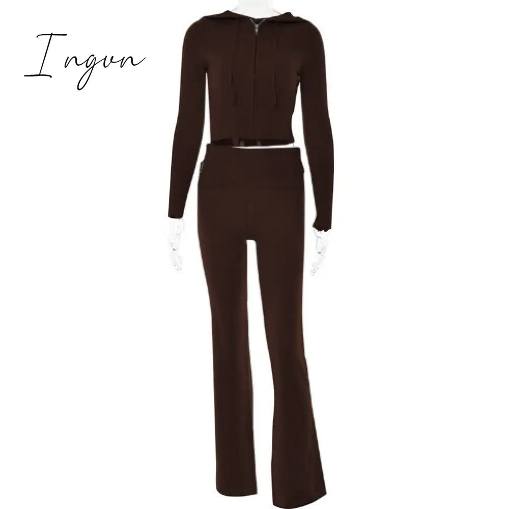 Ingvn - Spring New Hoodie Cropped Top And Pants Sets High Waist Flare Pants Suits Pink Knitted Womens Y2k Two Piece Set