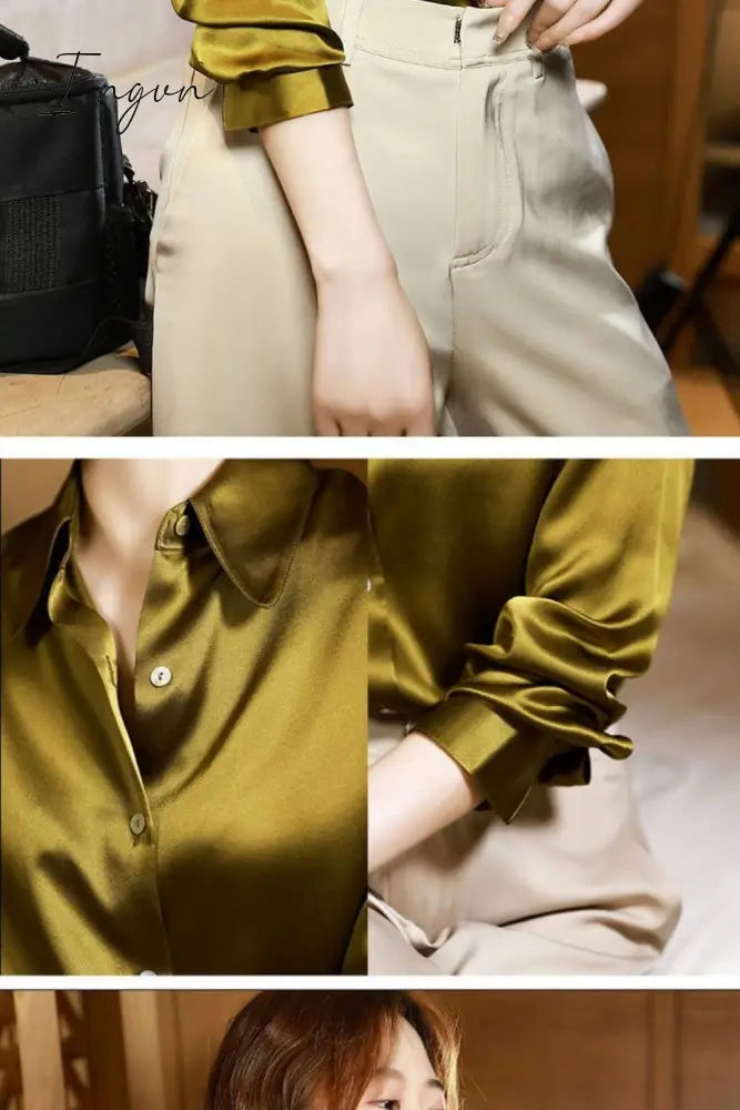 Ingvn - Brand Quality Luxury Women Shirt Elegant Office Button Up Long Sleeve Shirts Momi Silk Crepe Satin Blouses for Women Fashion Business Ladies Top