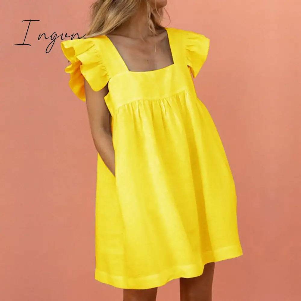 Ingvn - Elegant Butterfly Sleeve Ruffle Mini Dress Casual Square Collar Print Party Dress Women Summer Loose Pocket Beach Dress Vestidos