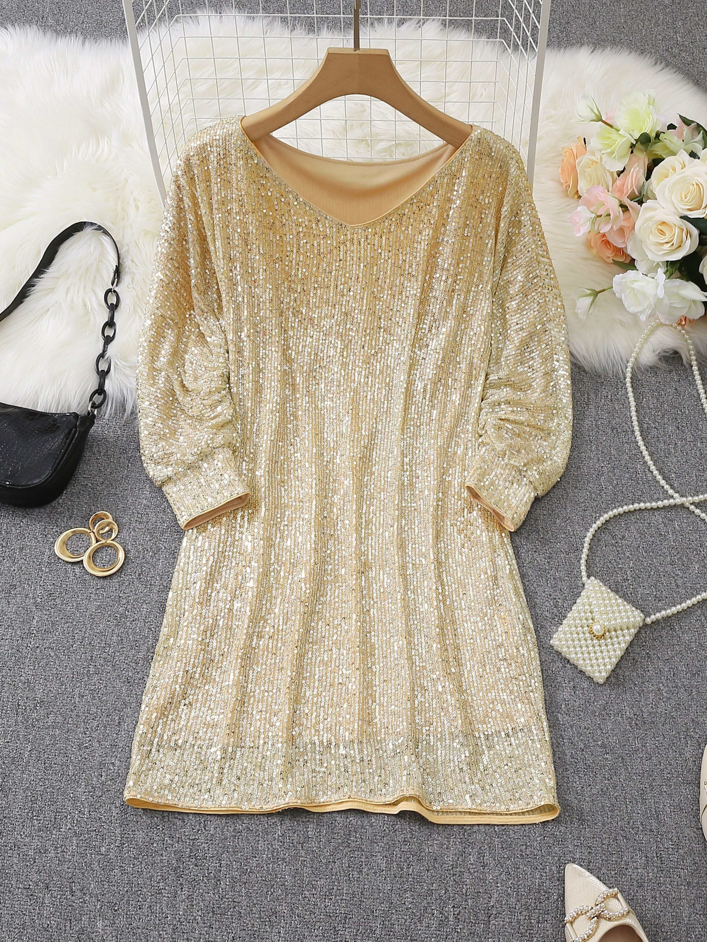 Contrast Sequin Solid Dress, Party Wear V Neck Long Sleeve Dress, Women's Clothing For Party Dressing