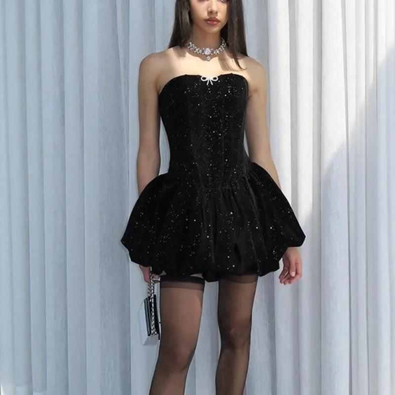 Talenza Strapless Backless Evening Gown Women Sexy Sparkling Bow Sleeveless Short Dress Elegant Slim A-line Pleated Luxury Dress