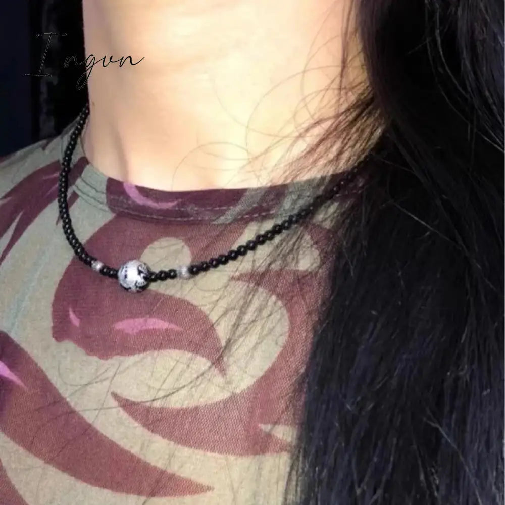 Harajuku Dragon Pattern Black Onyx Beads Necklace for Women Men Vintage Trend Y2K Egirl Black Agate Beaded Choker On The Neck