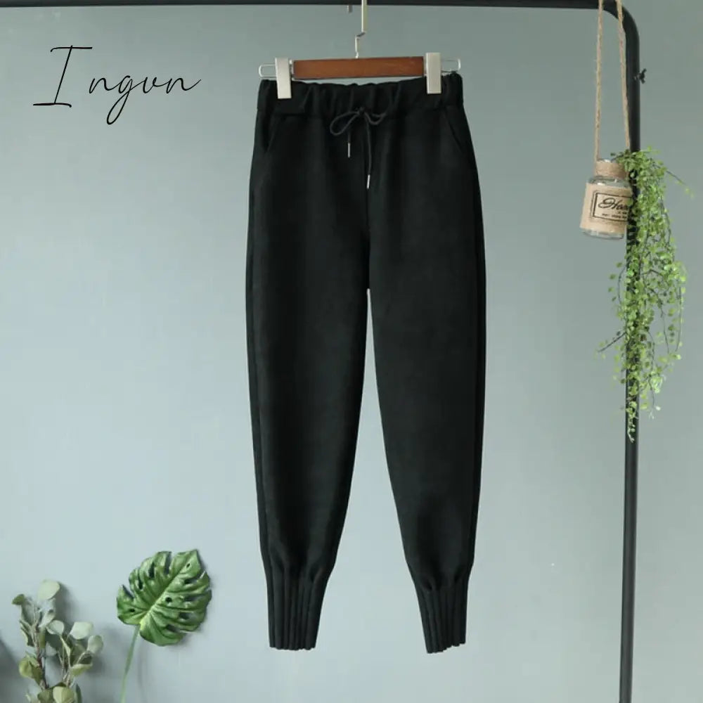 Ingvn - Casual Autumn Winter Women Pants Korean Elastic High Waist Pockets Suede Harem Pants Trousers Women Pantalon Femme
