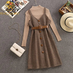 Ingvn - Commuter style sweater dress sweater suit women autumn and winter new retro woolen plaid strap jumpsuit