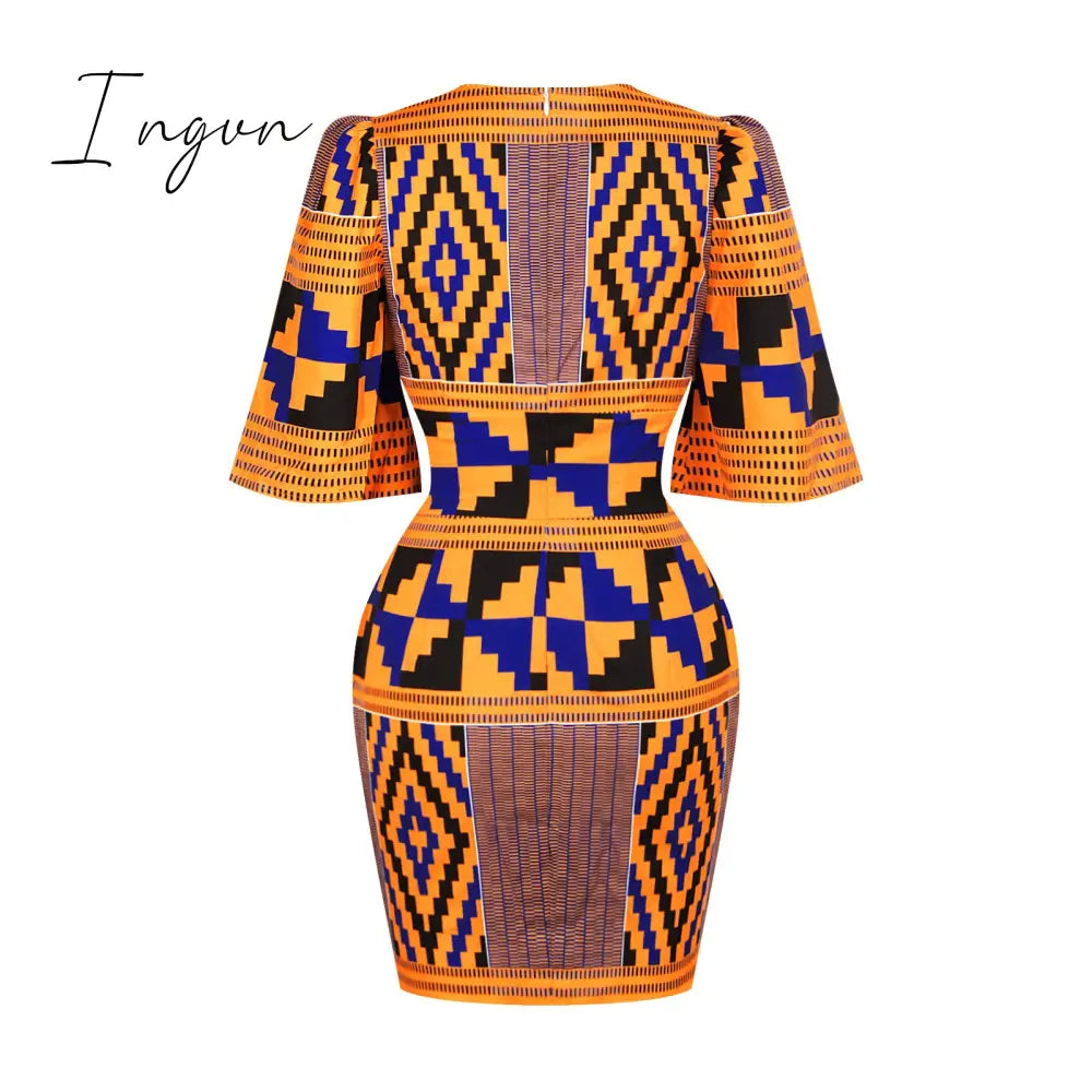 Ingvn - African Dresses for Women New Fashion Summer V-neck African Short Sleeve Printing Dress African Women Clothes