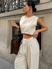 Ingvn  Summer Womem Fashion Round Neck Sleeveless Top Pants Suit Two-Piece Set Office Ladies Chic Pants Suits Womens Outfits