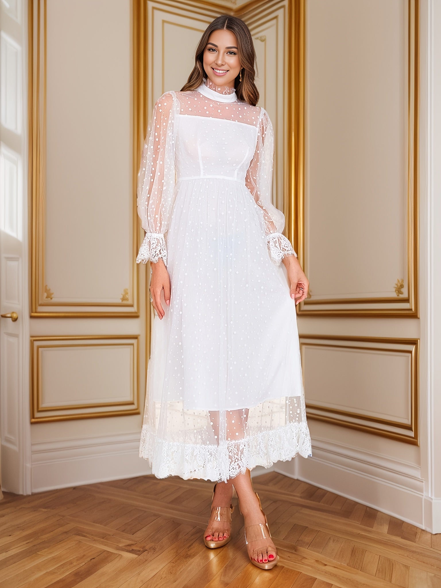 Contrast Lace Mock Neck Overlay Dress, Elegant Long Sleeve Sheer Midi Dress For Wedding Party, Women's Clothing