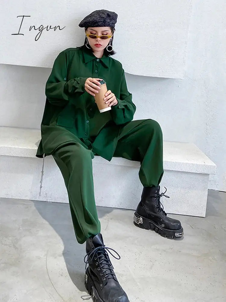 Ingvn - Wide Leg Pants Irregular Big Size Two Piece Suit New Lapel Long Sleeve Loose Fit Women Fashion Spring Autumn