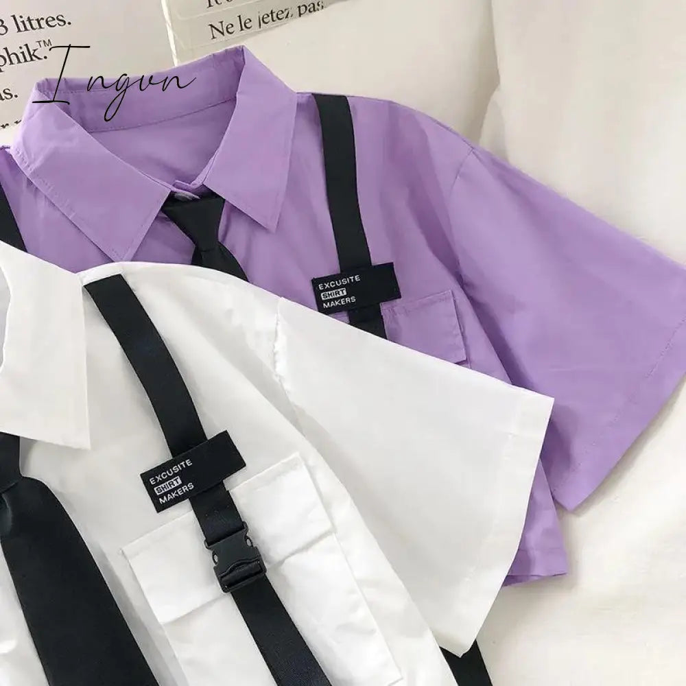 Ingvn - Autumn Streetwear Pants High-Waist Straight Ribbon Cargo Pants Student Loose Short-Sleeved Shirt with Tie two-piece Set