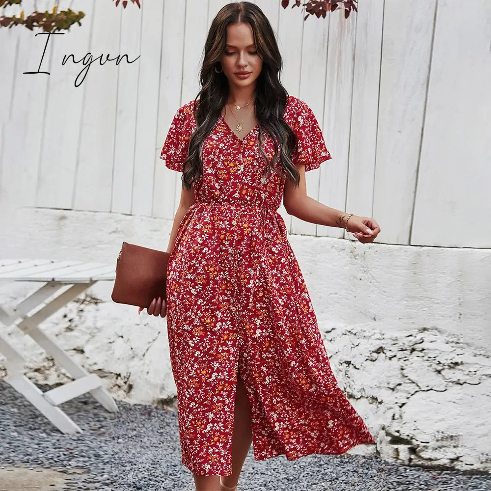 Ingvn - New Ladies Vintage Maxi Floral Print Summer Dress Women Slim Casual High Waist Button Bohemian Women Beach Dress Vestidos Female