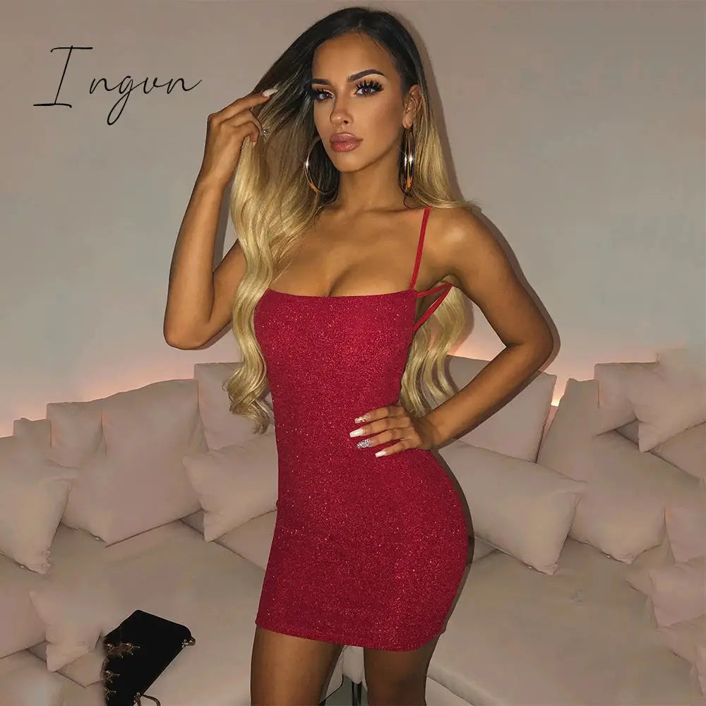 Ingvn - Bling Glitter Sequin Women Strap Mini Dress Ruched Lace Up Backless Bodycon Sexy Party Club Autumn Winter Elegant