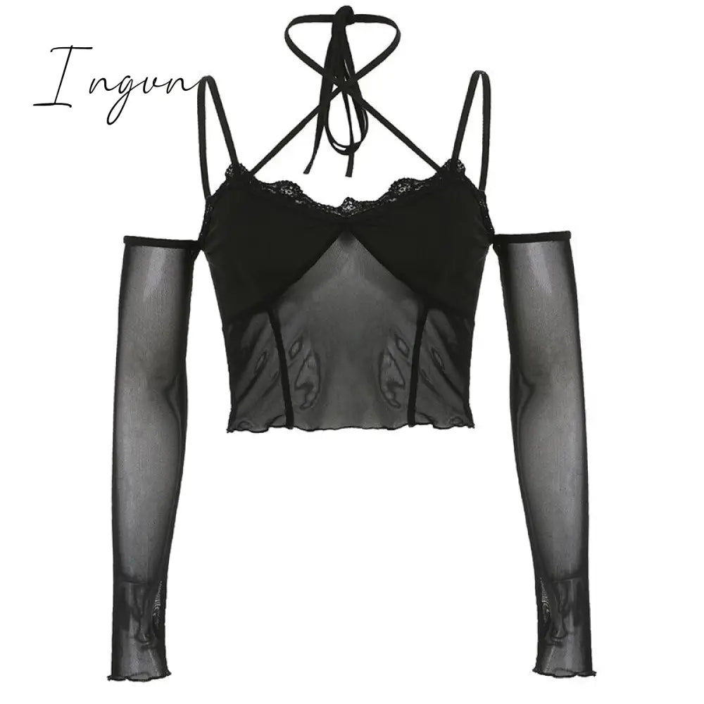 Ingvn - Hot Sell Slash Neck Sexy Black Mesh T-Shirts Women Lace Patchwork Rave Goth Clubwear Backless Halter Tie Up Spaghetti Strap Tops