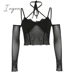 Ingvn - Hot Sell Slash Neck Sexy Black Mesh T-Shirts Women Lace Patchwork Rave Goth Clubwear Backless Halter Tie Up Spaghetti Strap Tops