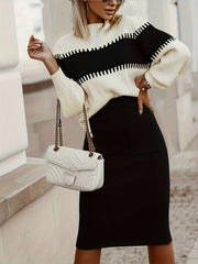 Casual Ribbed Two-piece Set, Color Block Knit Sweater & Solid Midi Sweater Skirts Outfits, Women's Clothing