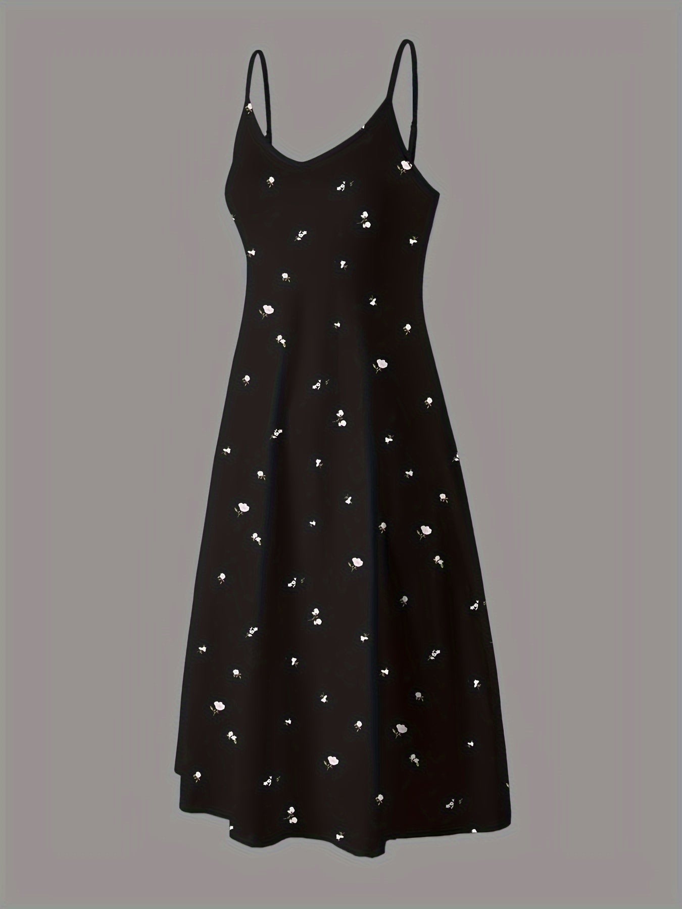Womens Elegant Ditsy Floral Print Midi Slip Dress - Soft Micro Elasticity V Neck Backless Design, Comfortable Knit Fabric, Random Printing, Perfect for Home Wear All Seasons
