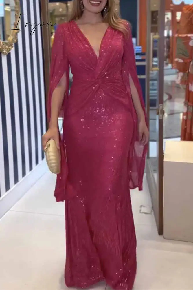 Ingvn - Sexy Formal Solid Sequins Fold V Neck A Line Dresses