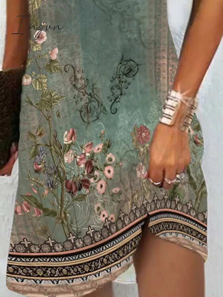 Ingvn - Women's Casual Dress Ethnic Dress Summer Dress Floral Tribal Cut Out Print V Neck Mini Dress Active Fashion Outdoor Daily Short Sleeve Regular Fit Red Blue Green Summer Spring S M L XL XXL