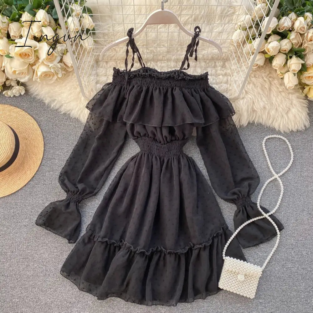 Ingvn - Spring Outfits Sexy ruffles Summer off shoulder short dress spaghetti strap Party elastic waist dress Women casual beach a-line dress