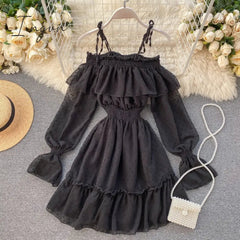 Ingvn - Spring Outfits Sexy ruffles Summer off shoulder short dress spaghetti strap Party elastic waist dress Women casual beach a-line dress