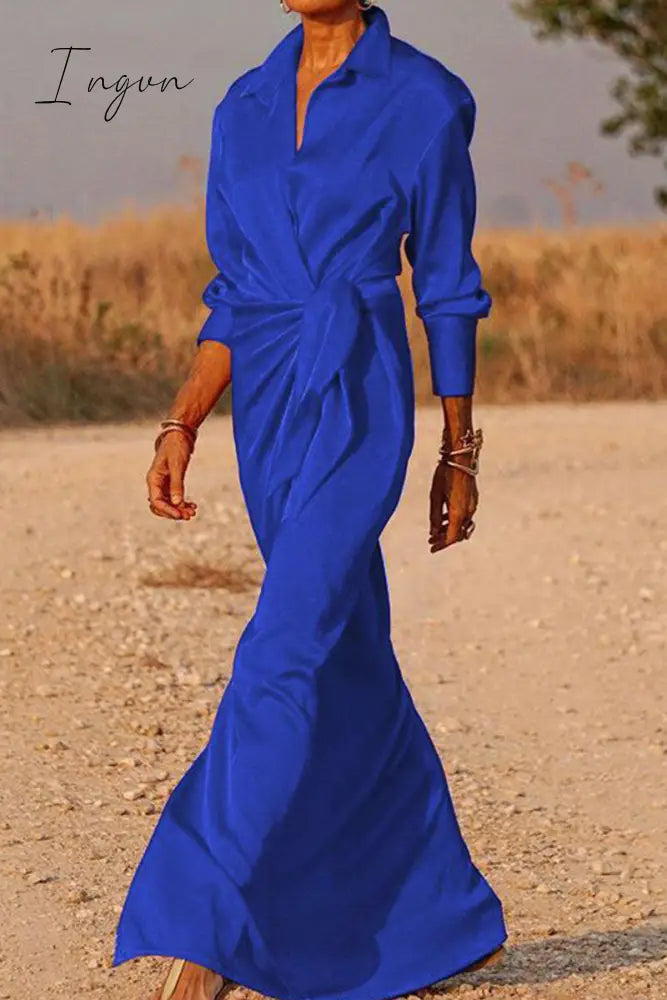 Ingvn - Casual Solid Bandage Patchwork Turndown Collar Shirt Dress Dresses