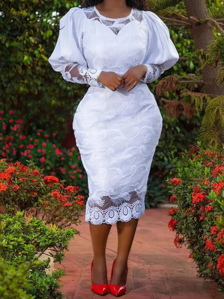 Ingvn - Womens Fashion Elegant Women White Lace Dress Puff Sleeve Embroidery Pencil Dress Large Size 4XL Ladies Wedding Birthday Dinner Evening Clothes