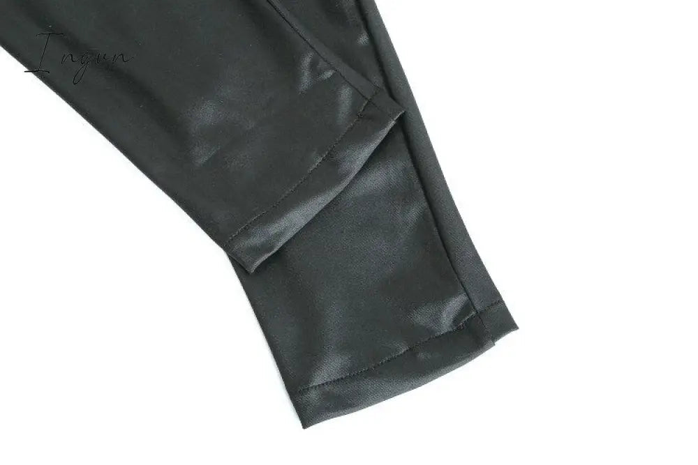 Ingvn - PU Leather Pants Women High Waist Button Zipper Slim Push Up Woman Pencil Pants Casual Pockets Blue Skinny Women Pants Plus Size