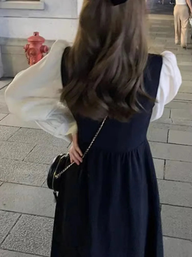 Elegant Long Sleeve Slim Midi Dresses for Women Bodycon Party Dress French Chiffon Black Robe Autumn Vintage One Piece Vestido