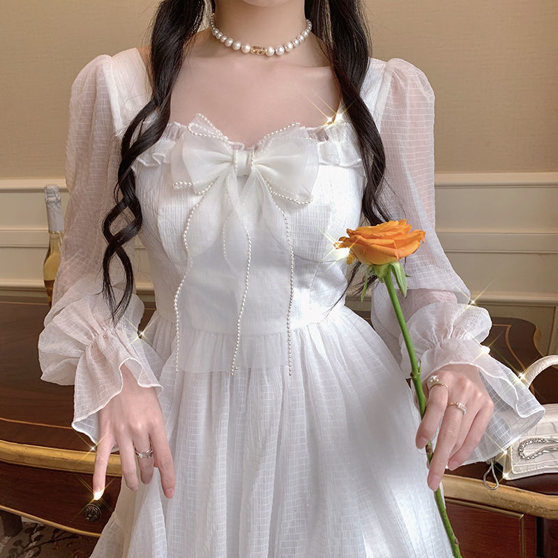 French Sweet Fairy Lolita Dress Women Long Sleeve Lace Y2k Mini Dress Vintage Kawaii Clothes One Piece Dress Korean Autumn spring
