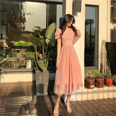 Ingvn - New Summer Mesh Dress Female V-neck Short Puff Sleeve A-line Women Dress Slim Korean Style Mesh Elegant Vintage Vestidos