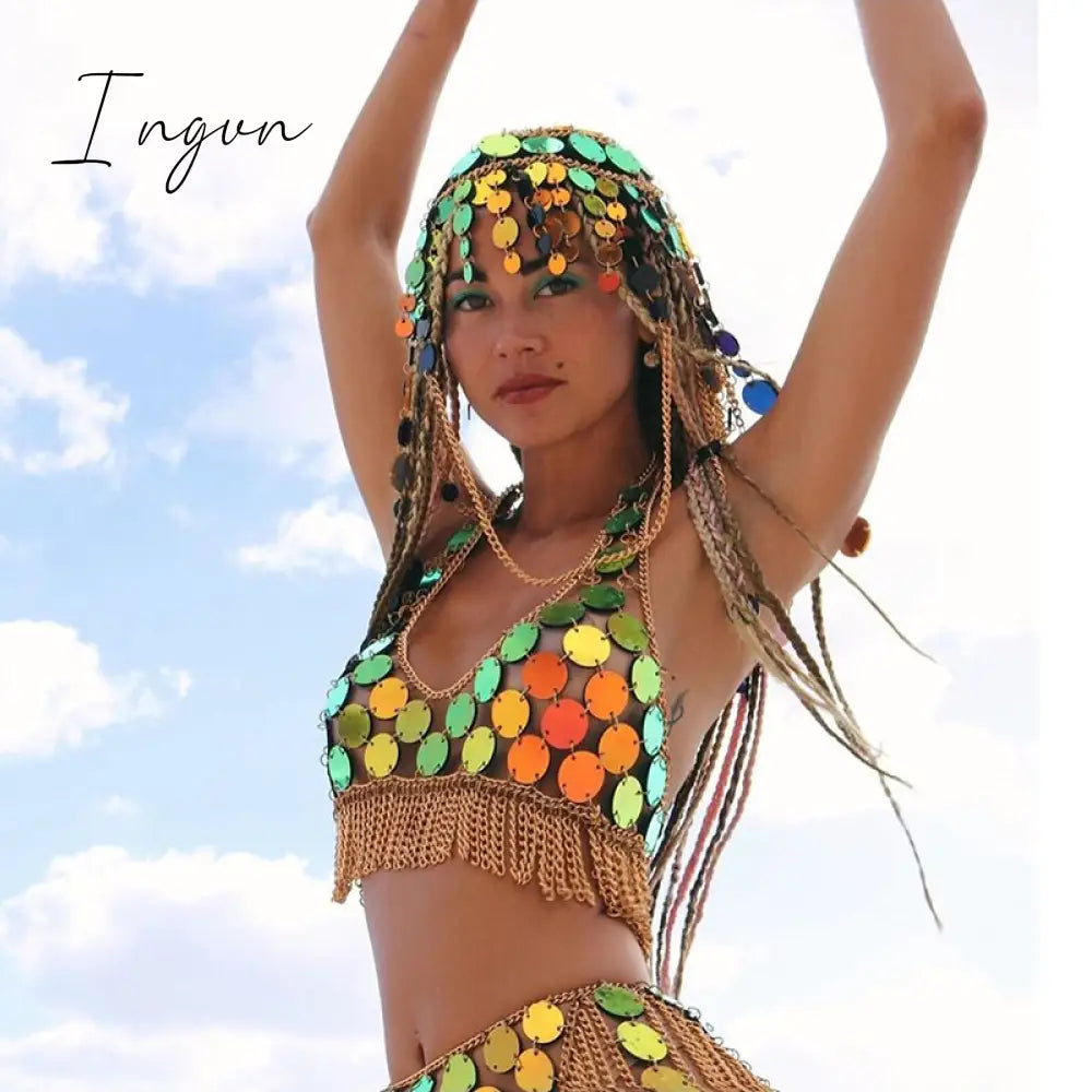 Ingvn - Trends Fashion Gradient Color Shiny Sequins Dots Two Piece Set Low Cut Backless Sleeveless Crop Tops Tassel Mini Skirt Sexy Beach Outfits
