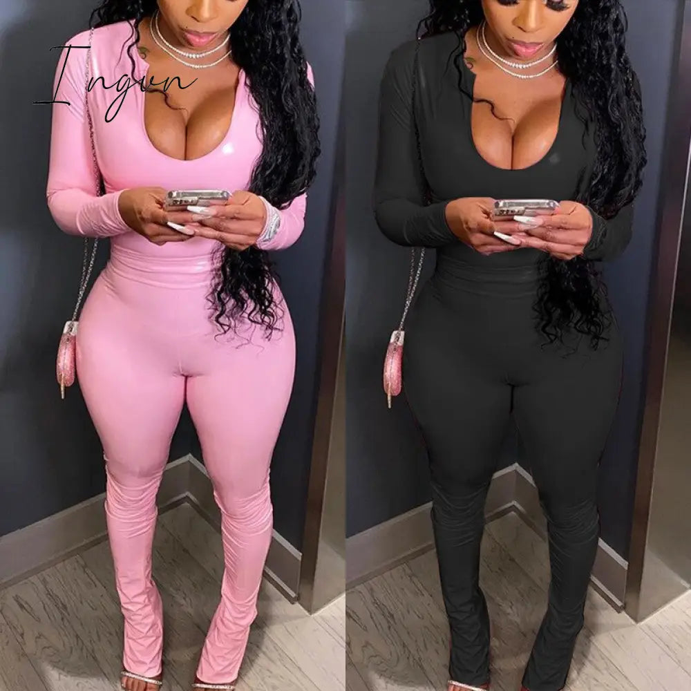 Ingvn - Autumn Pink PU Leather Skinny Top and Flare Pants Hight Wasit Legging Two Piece Set Street Party Clubwear Sexy Bodycon Outfits