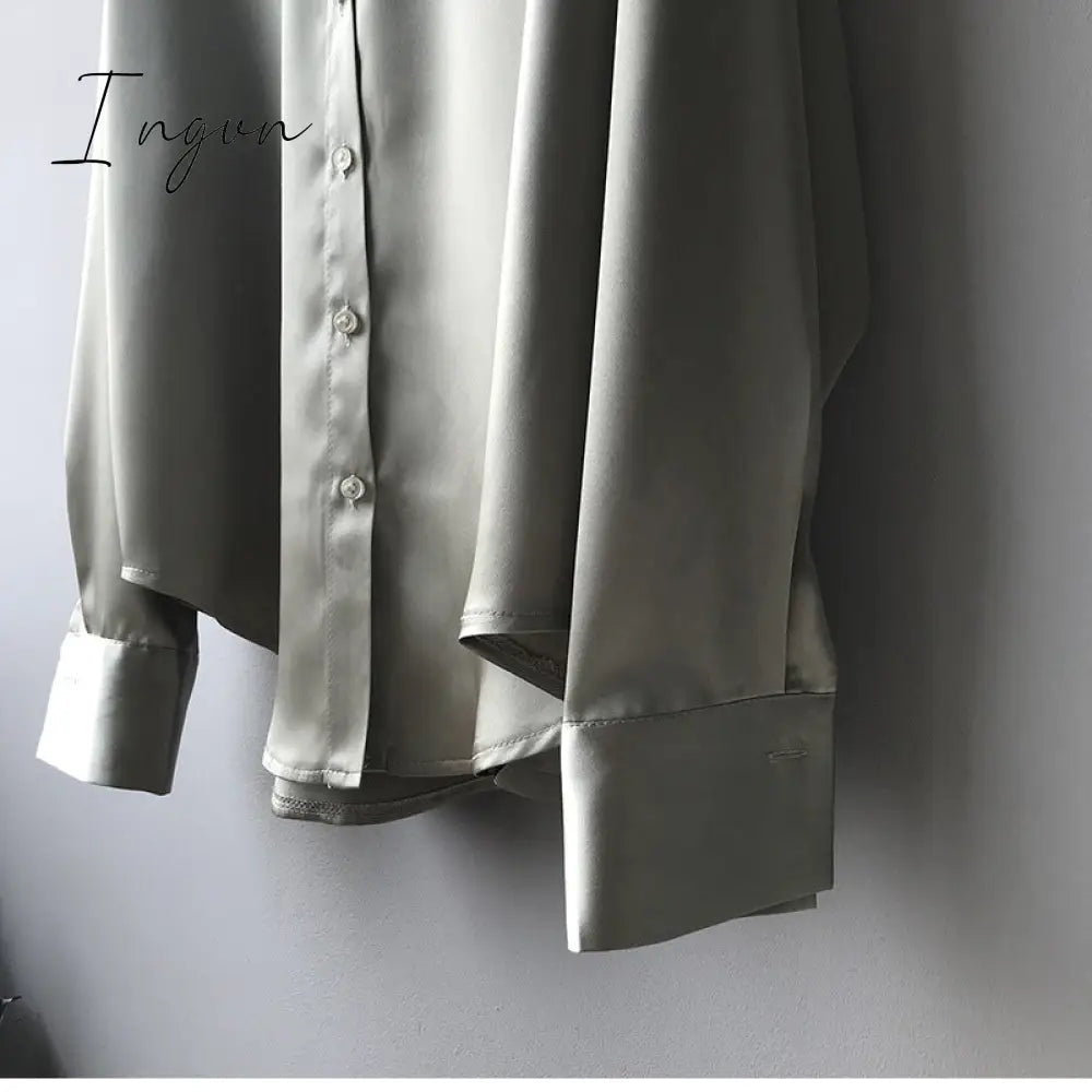 Ingvn - Silk Korean Office Ladies Elegant Shirt Blouse Women Fashion Button Up Satin Shirt Vintage White Long Sleeve Shirts Tops 11355