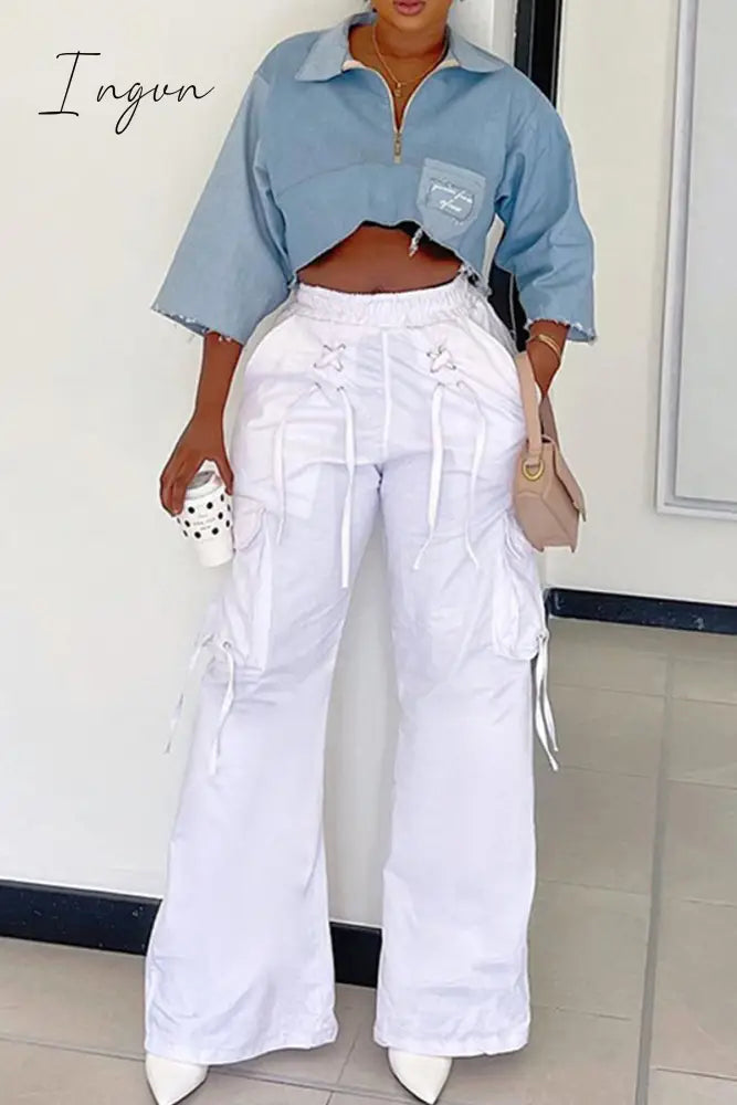 Ingvn - Casual Solid Patchwork Draw String Pocket Cross Straps Straight High Waist Straight Solid Color Bottoms