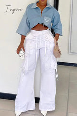 Ingvn - Casual Solid Patchwork Draw String Pocket Cross Straps Straight High Waist Straight Solid Color Bottoms