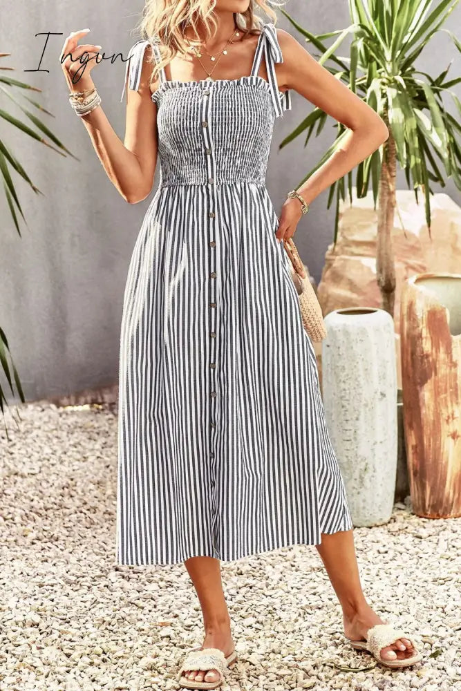Ingvn - Smocked Tie Strap Sleeveless Striped Midi Dress