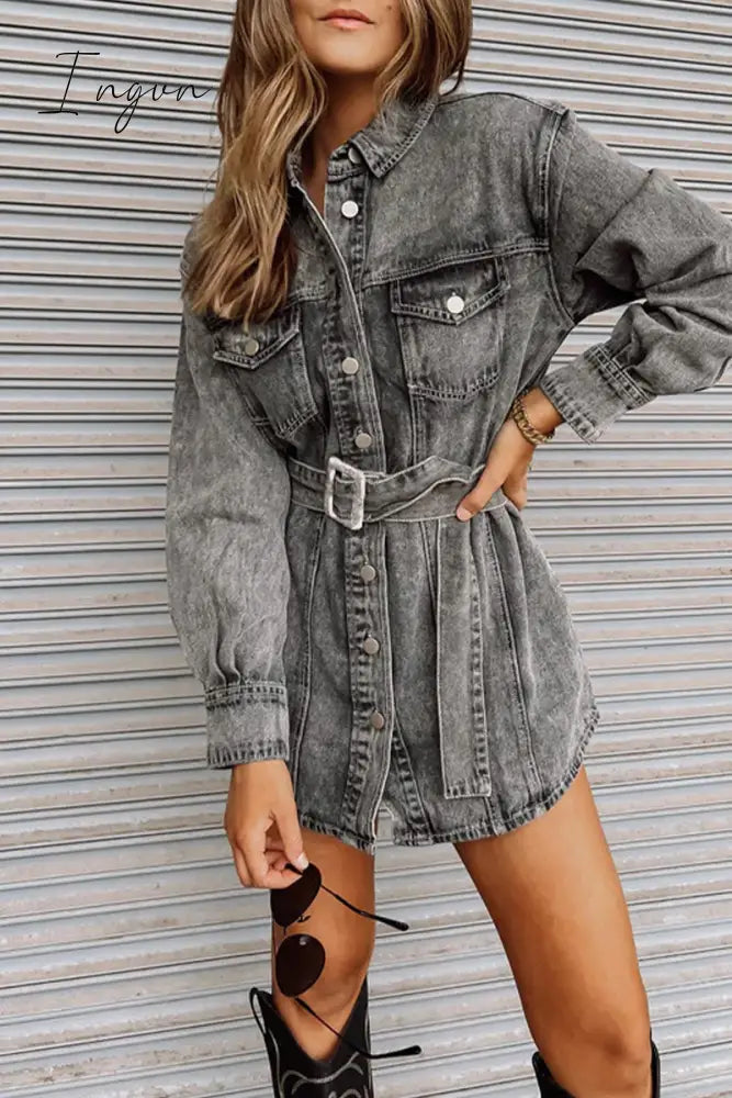 Ingvn - Casual Street Solid Pocket With Belt Turndown Collar Long Sleeve Denim Dresses