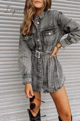 Ingvn - Casual Street Solid Pocket With Belt Turndown Collar Long Sleeve Denim Dresses