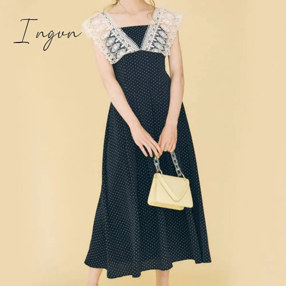 Ingvn - Hot Sales Lace Ruffle Long Dress Patchwork Elegant Vintage High Waist Sleeveless Lace Dot Dresses Woman Summer Sweet Dress New