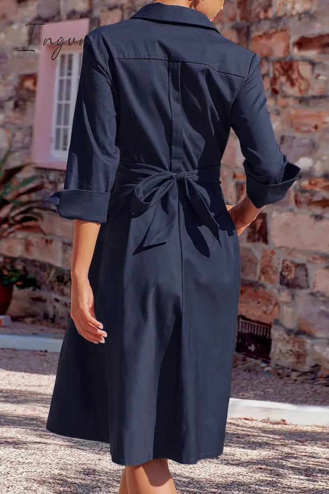 Ingvn - Elegant Solid Bandage Pocket Buttons Turndown Collar Shirt Dress Dresses