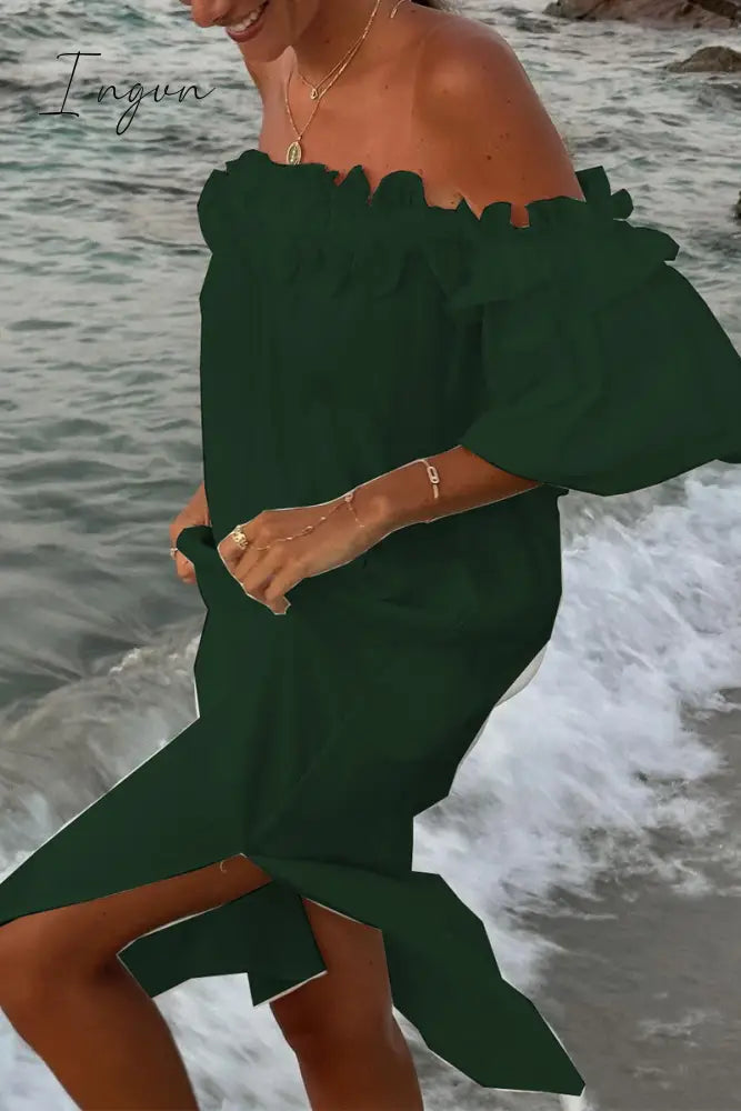 Ingvn - Sexy Solid Slit Fold Off the Shoulder Beach Dresses