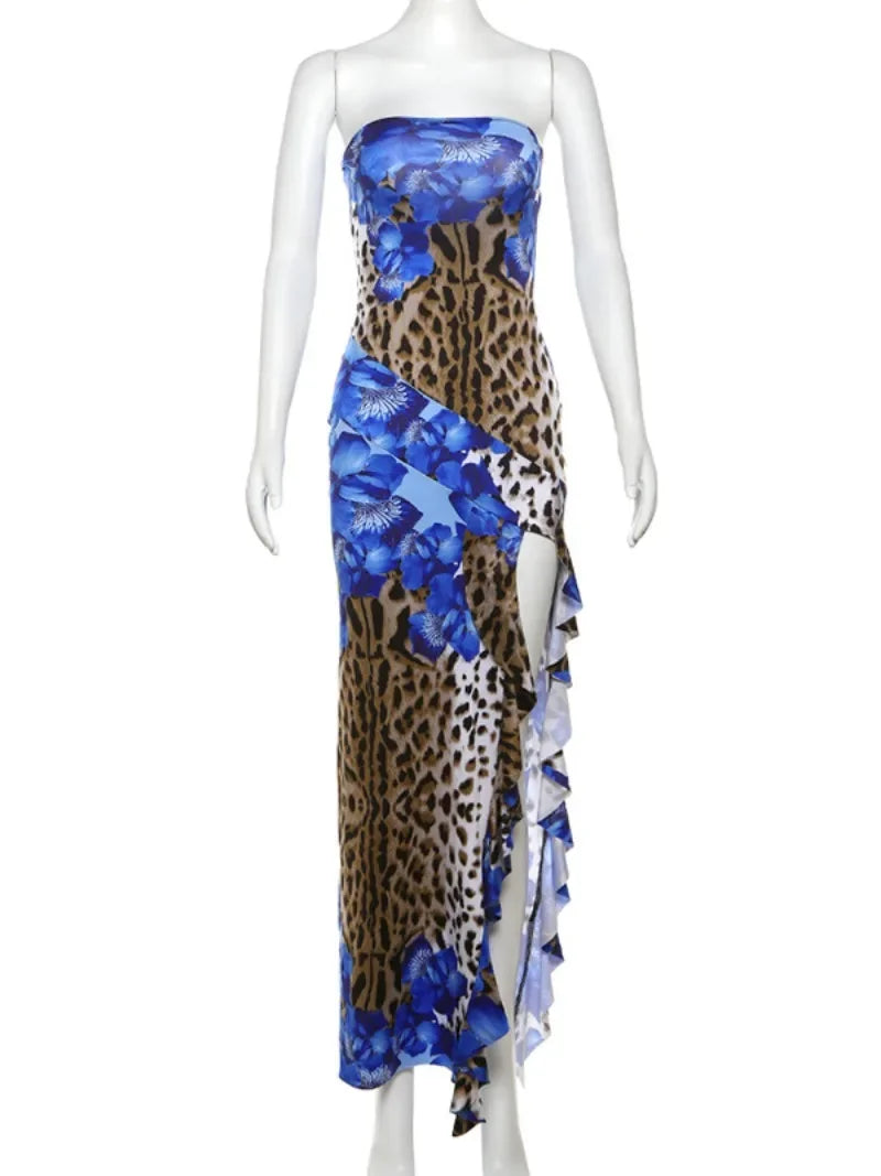 Ingvn  Fashion Women Strapless Floral Dresses  Sexy Sleeveless Leopard Printed High Waist Ruffles Split Long Party Holiday Dress