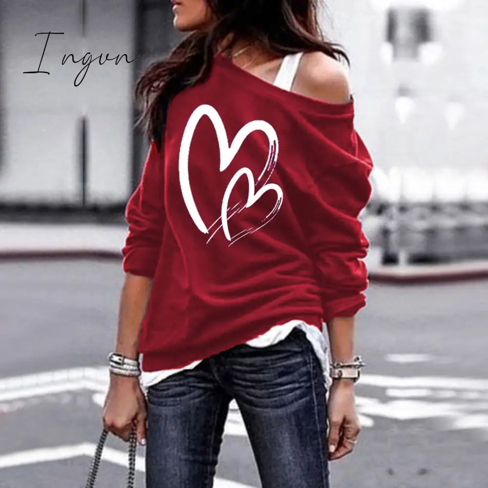 Ingvn - Women's Pullover Sweatshirt Heart Printed Long Sleeve One Shoulder Tops Autumn Winter Sweat Shirts Woman Casual Top