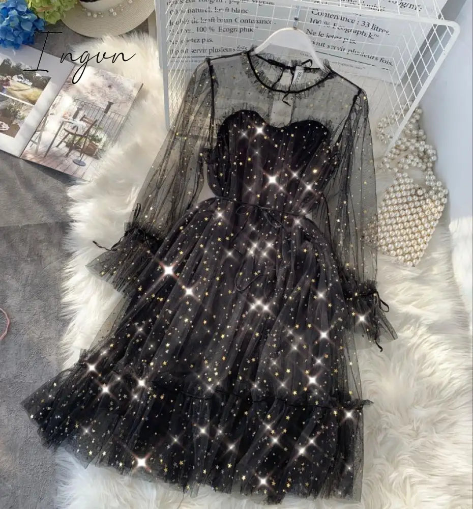 Ingvn - New Female O-neck Stars Sequined Mesh Shiny Fairy Dress Women Elegant Bling Gauze Princess Puff Dresses Vestidos De Fiesta