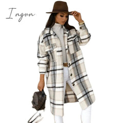 Ingvn - Women Plaid Printed Warm Jacket Autumn Winter New Fashion Casual Long Overcoat Pop Lapel Lady Single Breasted Shirt Coats