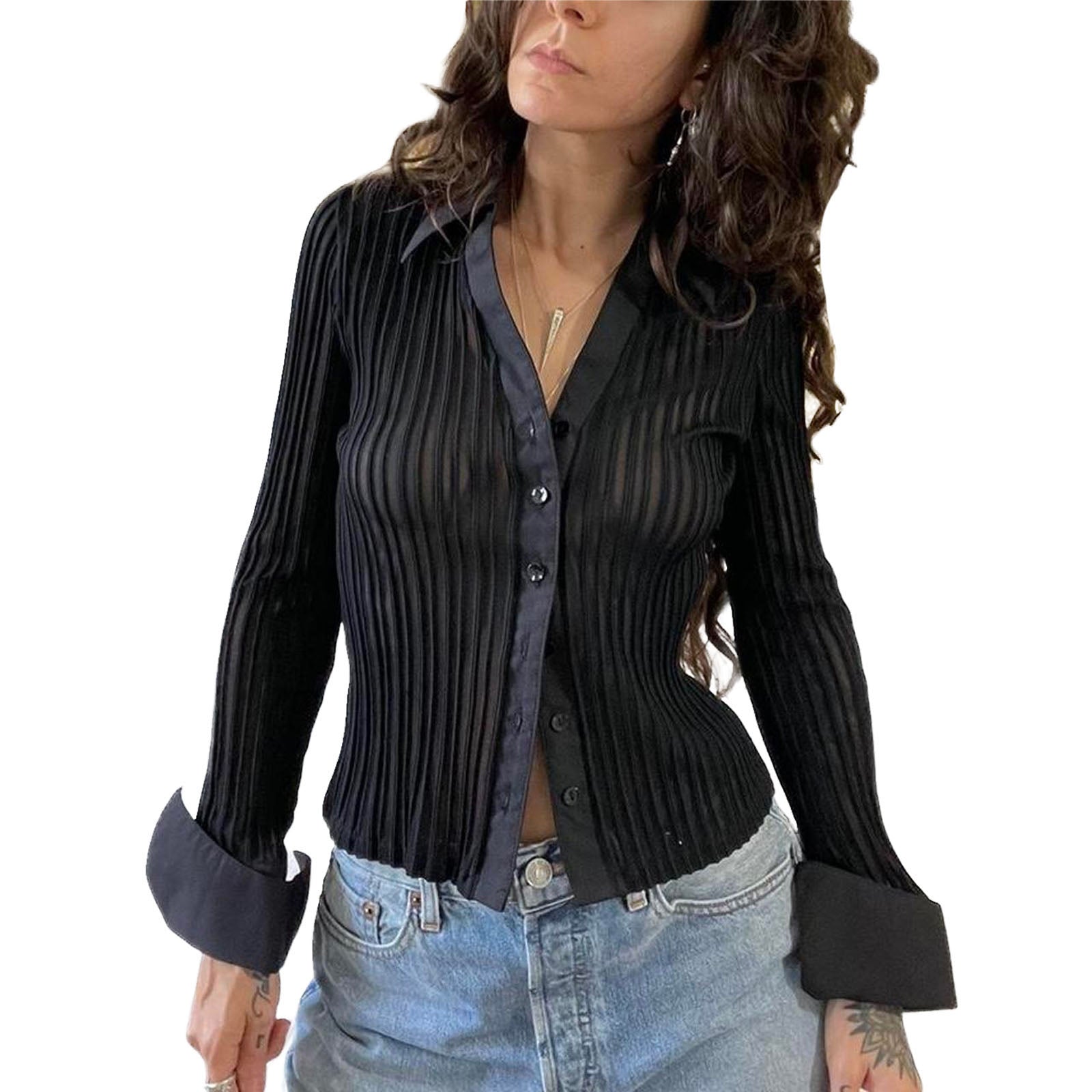 Women Y2K Sheer Mesh Crop Tops Long Flare Sleeve See Through Blouses Sexy Low Cut Cardigan Shirts Trendy Streetwear