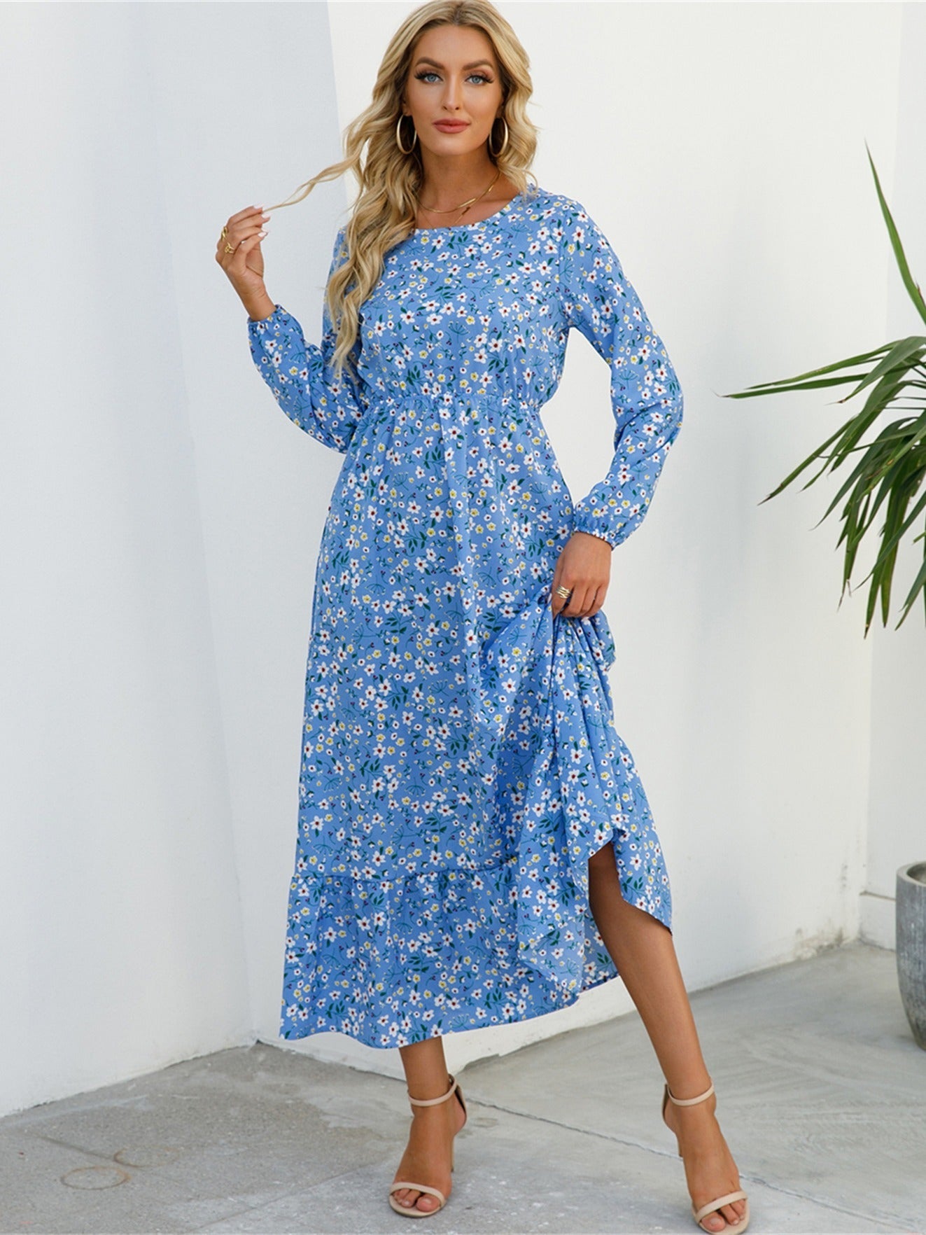 Vibrant Floral Print Long Sleeve Crew Neck Ruffle Dress - Flowy, Bohemian Chic, Casual, Comfortable, Women's Long Dresses for Daily Wear - Perfect for Spring, Summer, and Autumn Seasons