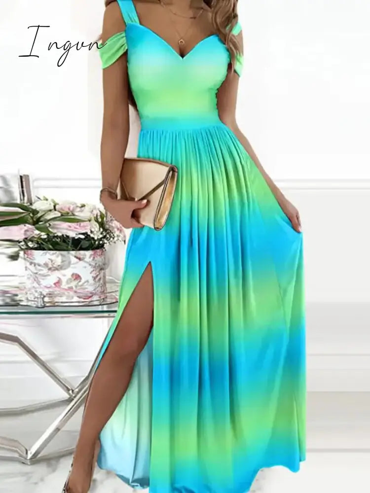 Ingvn - Female Short Butterfly Sleeve Split Fork Party Dress Solid Slim V Neck High Waist Dress Women Casual Summer Maxi Dress Vestidos