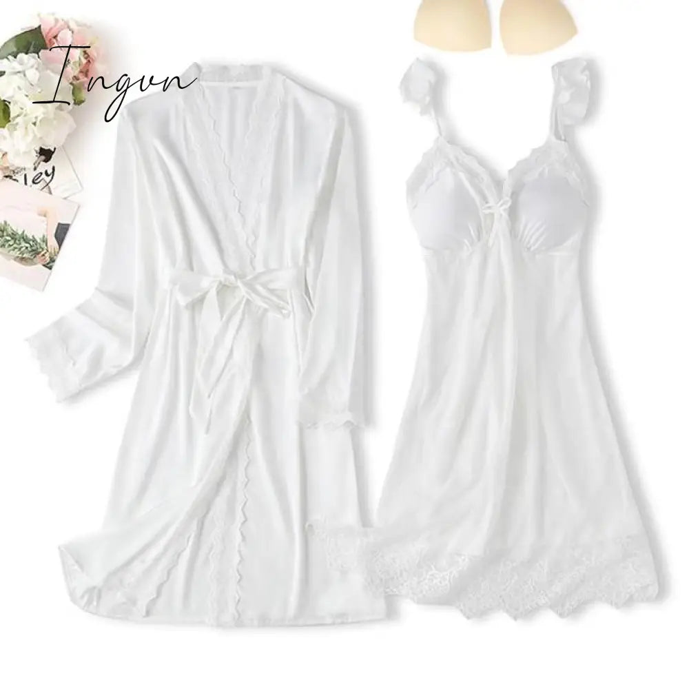 Ingvn - Lace Trim Sexy Wedding Lady Robe Suit Loose Satin Bride Bridesmaid Kimono Bathrobe Gown Mini Sleepwear Rayon Intimate Lingerie
