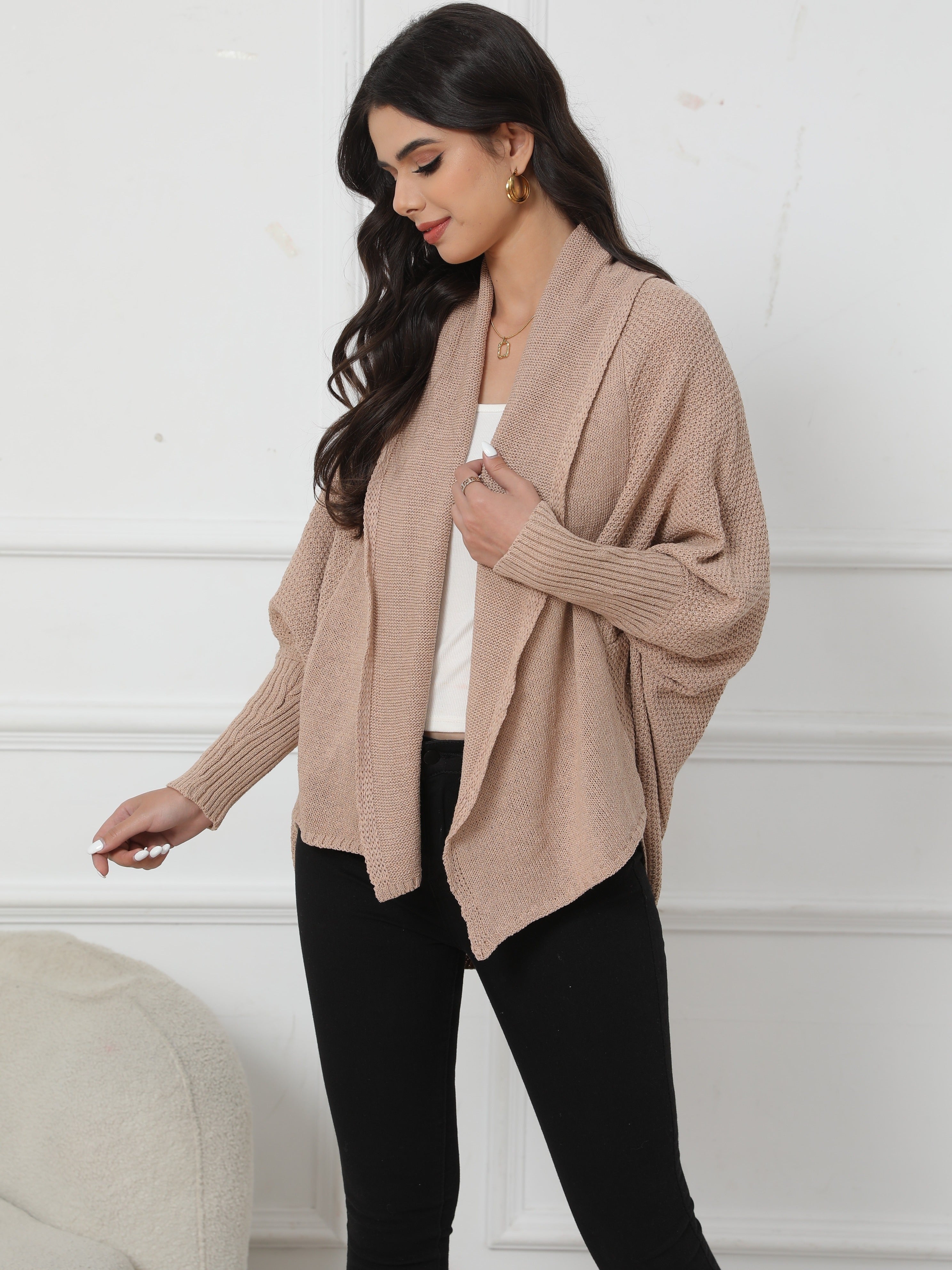 Solid Open Front Knit Cardigan, Casual Batwing Sleeve Outwear For Spring & Fall, Women's Clothing