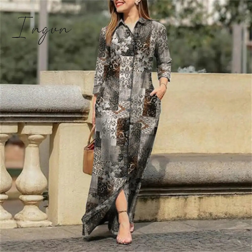Ingvn - Fall Outfits Autumn Vintage Floral Printed Cotton Dress Women Casual Lapel Collar Button Up Dresses Bohemian Vestidos Long Robe